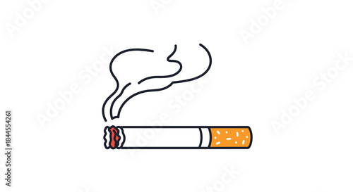 Simple cartoon illustration of a lit cigarette with a filter, emitting swirls of smoke, representing smoking and addiction.