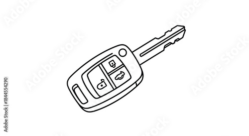 Line art illustration of a modern car key with a remote fob, featuring lock, unlock, and trunk release buttons for vehicles.