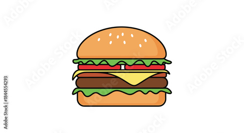 Colorful flat illustration of a delicious cheeseburger with a sesame seed bun, lettuce, tomato, cheese, and a meat patty.