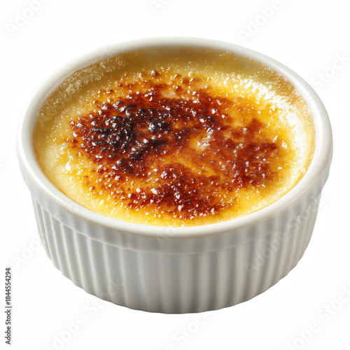 Top view of crème brûlée in white ramekin with caramelized sugar crust isolated on transparent background.