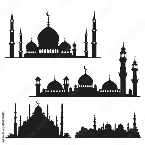 Six black Islamic mosque silhouettes with domes and minarets