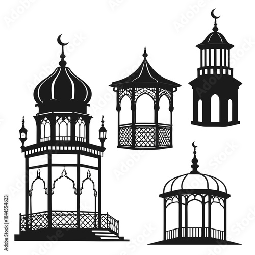 Six black silhouettes of Islamic style gazebos and lanterns