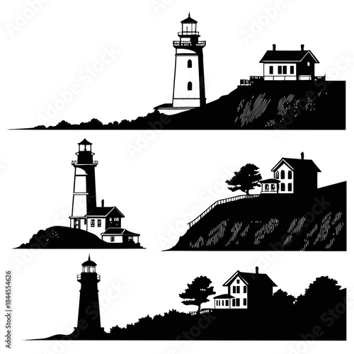 Six black silhouettes of lighthouses and houses on cliffs