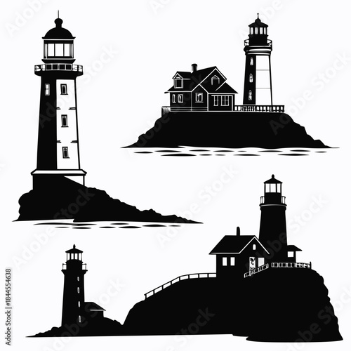 Six black silhouettes of lighthouses and sea cliffs