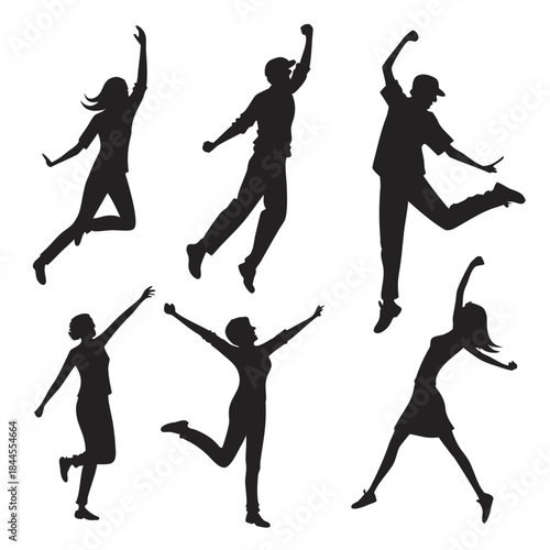 Six black silhouettes of people dancing and celebrating 1