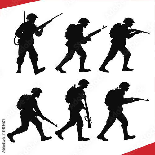 Six black silhouettes of soldiers marching with rifles 1