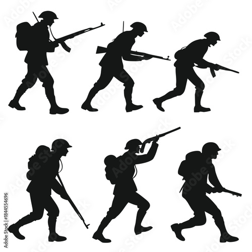 Six black silhouettes of soldiers marching with rifles