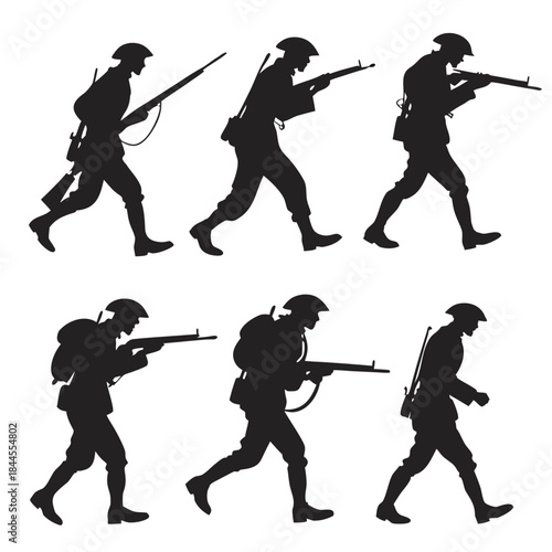 Six marching soldier silhouettes with rifles and backpacks