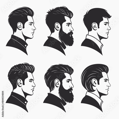 Six male profile silhouettes with varied hairstyles and beards