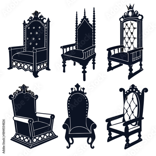 Six ornate dark blue throne silhouettes on white royal