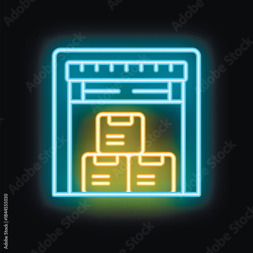 Neon sign of a storage room holding cardboard boxes, perfect for illustrating concepts like delivery, e commerce, and logistics