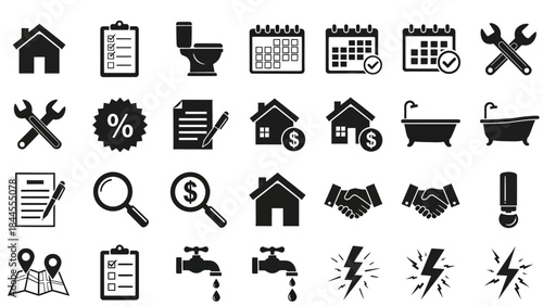 Sleek Solid Vector Icon Set. Comprehensive graphic symbols for home, business, and professional services, covering property, finance, maintenance, and utility solutions