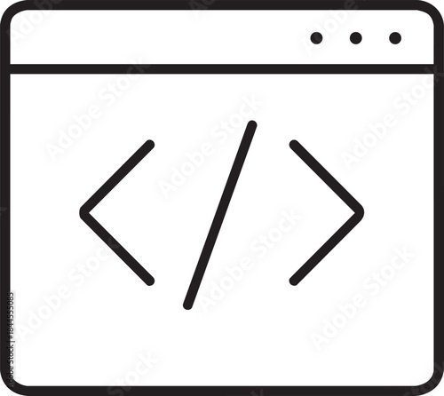 A simple line drawing depicts a computer screen with coding brackets representing software development