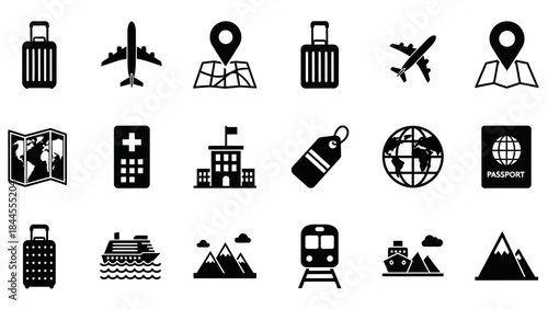 Collection of travel and transportation icons including planes, trains, ships, luggage, maps, and globes for your design needs