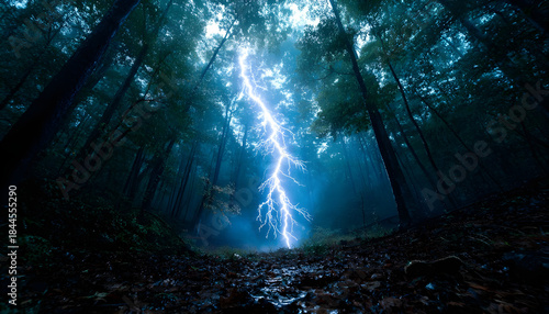 A vivid, highresolution photograph of a lightning bolt striking through a forest floor. The lightning bolt is the central focus, with its bright white and blue hues contrasting against the dark.