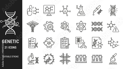 Genetic Icons Set DNA, Microscope, Molecules, Lab Equipment, and Medical Symbols for Science and Research