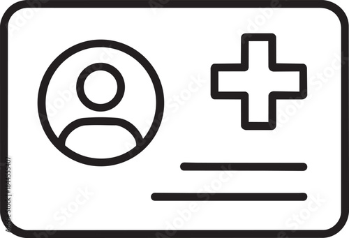 A simple black and white line drawing depicts a medical id card with a profile and cross