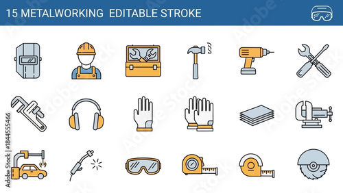Sleek and Solid Metalworking Tools and Equipment Vector Icons - Editable Stroke Line Art for Industrial Design and Construction Projects