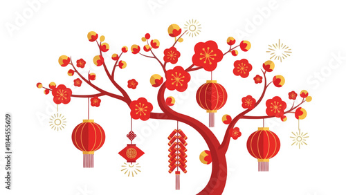 Festive red flowering tree decorated with traditional lanterns and ornaments