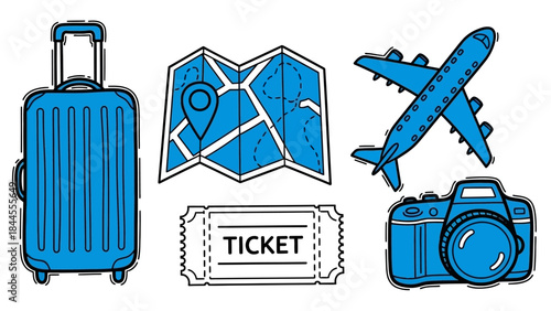 Sleek blue vector icons illustrating essential elements for travel planning, including luggage, a map, airplane, ticket, and camera, perfect for your next adventure