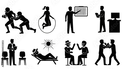 Collection of diverse silhouette icons representing various activities and professions