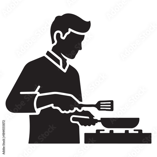 Man cooking on stovetop with frying pan simple silhouette for culinary or re