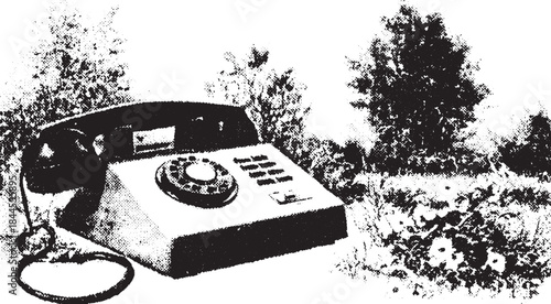 Vintage telephone device in a monochrome style. Simple electronic technology set against a scenic outdoor backdrop. Vector illustration.