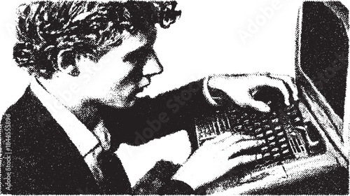 Male typing on a vintage typewriter. Black and white vector illustration depicting creativity in journalism. Simple and classic graphic set.