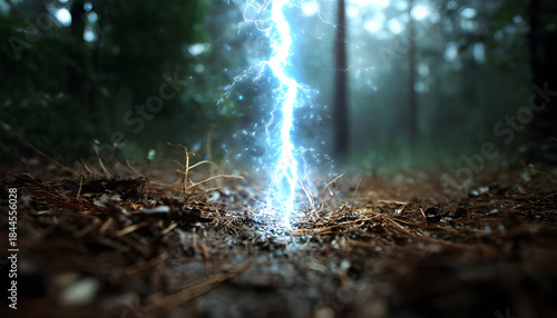 Wallpaper Mural A vivid, highresolution photograph of a lightning bolt striking through a forest floor. The lightning bolt is the central focus, with its bright white and blue hues contrasting against the dark. Torontodigital.ca