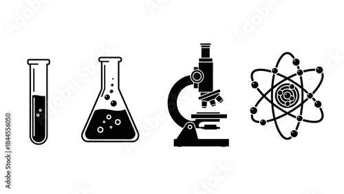 Sleek solid black vector icons depicting essential scientific laboratory equipment including a test tube, flask, microscope, and atomic structure, ideal for educational, research, 