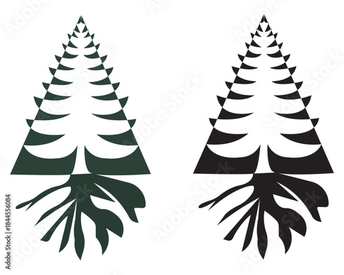 Displays two stylized graphic illustrations likely a type of evergreen cypress or pine tree silhouette. 