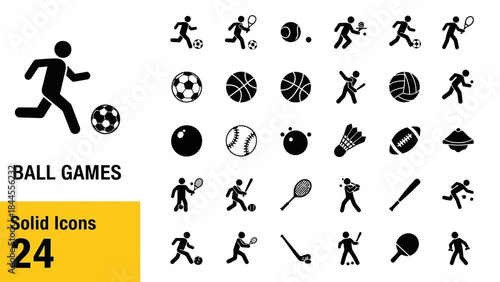 Sleek Solid Vector Icon Set A Comprehensive Collection of Ball Game and Sport Silhouettes for Modern Digital Applications