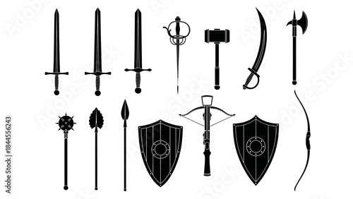 Sleek, solid black vector silhouettes of ancient and medieval weapons and shields. A historical warfare collection for graphic design and game assets