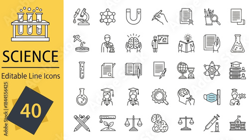Sleek and versatile outline icon collection for science, education, and research, encompassing laboratory tools, academic concepts, and discovery themes