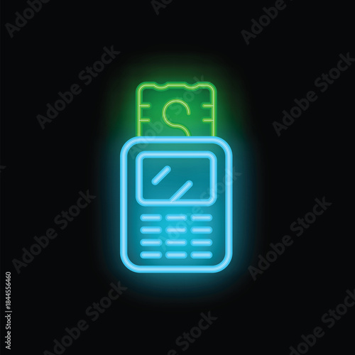 Neon sign representing paying contactless with a smartphone using a pos terminal on a black background
