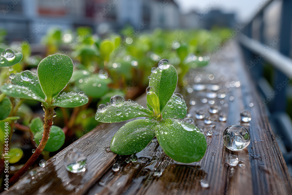 Fototapeta premium Closeup of Water Droplets on Green Leaves and Wood