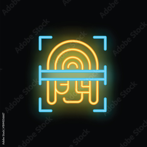 Neon icon of a fingerprint scanner scanning a fingerprint for biometric identification