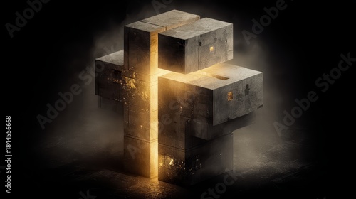 Cube with a hole in it is lit up in yellow. The cube is surrounded by a dark background