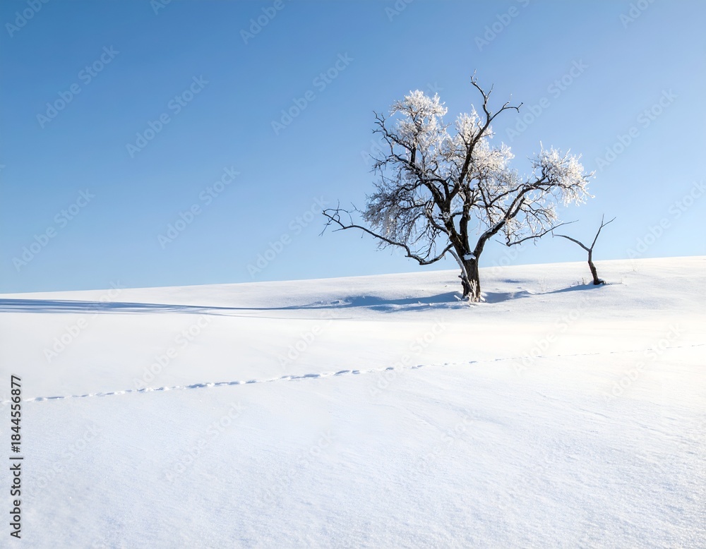 Obraz premium Lone frost-covered tree and a smaller one stand on a snow-covered hill under a clear blue sky