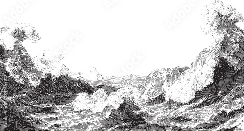 Ocean waves in black and white artistic style, featuring detailed line textures. This vector illustration showcases the beauty and power of the sea.