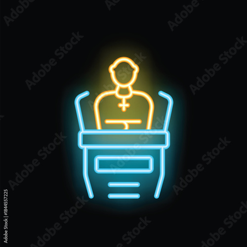 Neon sign of a priest standing behind a pulpit preaching a sermon