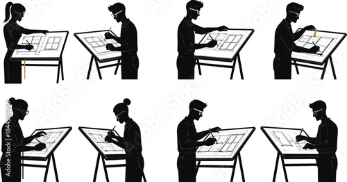 Architect silhouette, drafting table, technical drawing, blueprint work, design posture, compass and ruler, precision tools, engineering sketch, creative workspace, focused artist