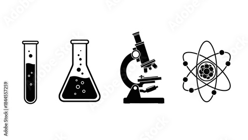Collection of laboratory equipment and scientific symbols, including a test tube, flask, microscope, and atom diagram