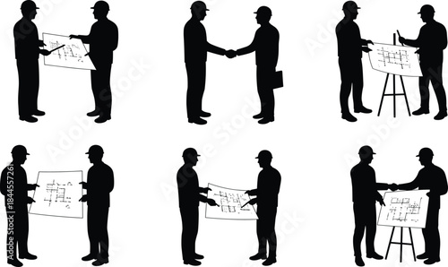 Architect engineer silhouettes, blueprint discussion, project planning, hard hat safety, teamwork posture, black figures, technical review, construction collaboration, easel presentation