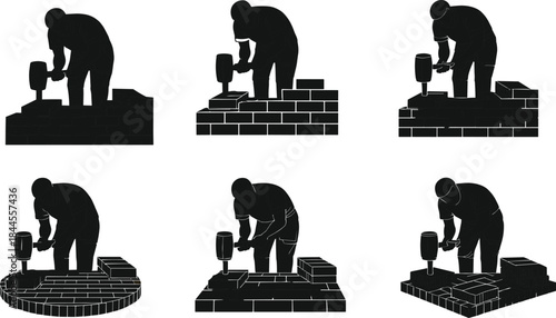 Bricklaying silhouette, masonry work, trowel and mortar, construction posture, curved wall, manual labor, trade skill, building technique, worker action, craftsmanship