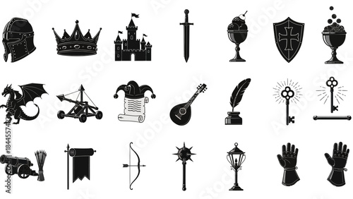 Sleek solid black vector icons Medieval and fantasy. Features historical weapons, armor, castles, dragons, and royal regalia. Great for game and graphic design projects