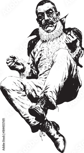 Vintage man illustration in black and white. Detailed vector artwork of a seated male character with a mustache, perfect for nostalgic themes.