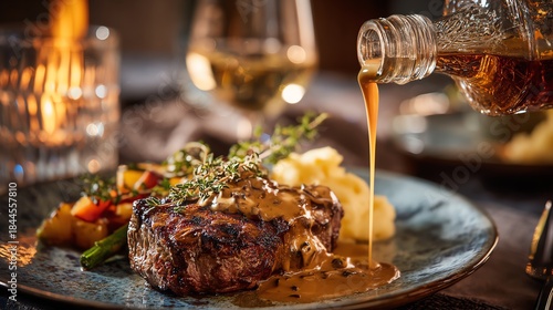 Steak Diane flambeed tableside with a rich cognac sauce plated elegantly with gourmet sides romantic dinner setting