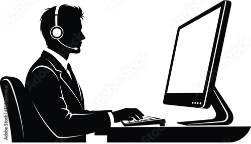 Call center silhouette, headset professional at desk, computer operator, remote work concept, black and white office illustration, digital communication
