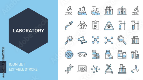 Sleek and modern vector icon collection showcasing essential laboratory equipment, scientific research tools, and chemistry symbols for advanced experiments and technological discoveries
